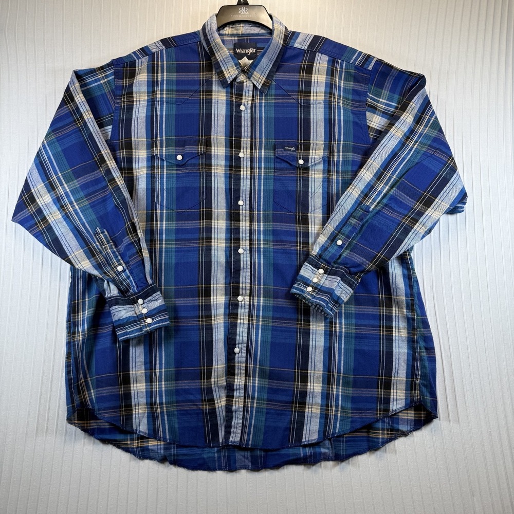 Wrangler Mens 19x36‎ Big Long Sleeve Western Shirt Blue Plaid Pear Snaps Rodeo